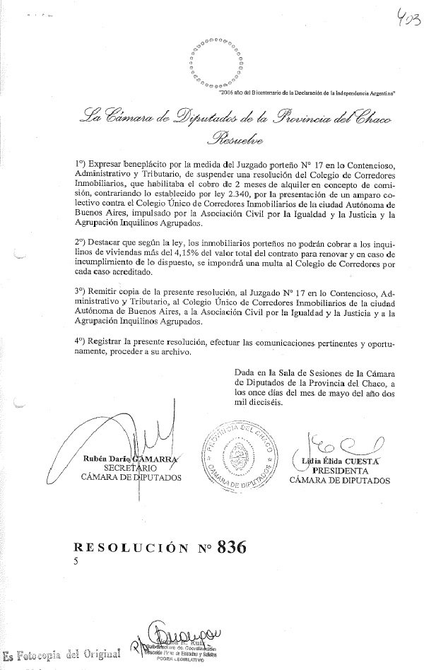 Cámara de Diputados del Chaco Resolución